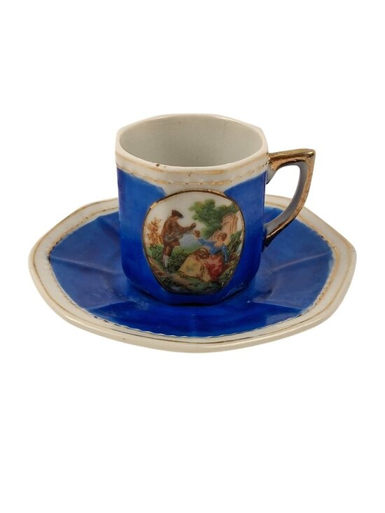 HKATO Other - VTG HKATO Blue Porcelain Demitasse Teacup & Saucer Romantic Scene & Gold Accents